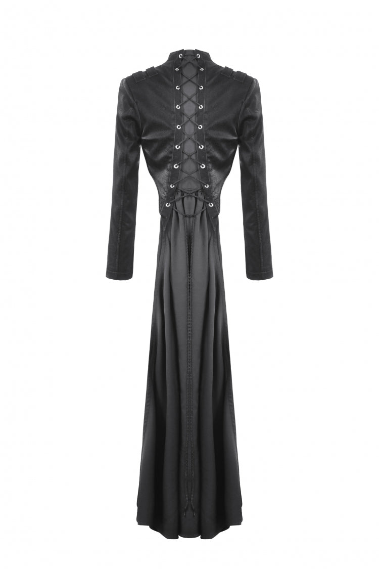 Black Long Sleeves Spliced Lace-Up Women's Gothic High Low Faux Leather Long Tail Jacket