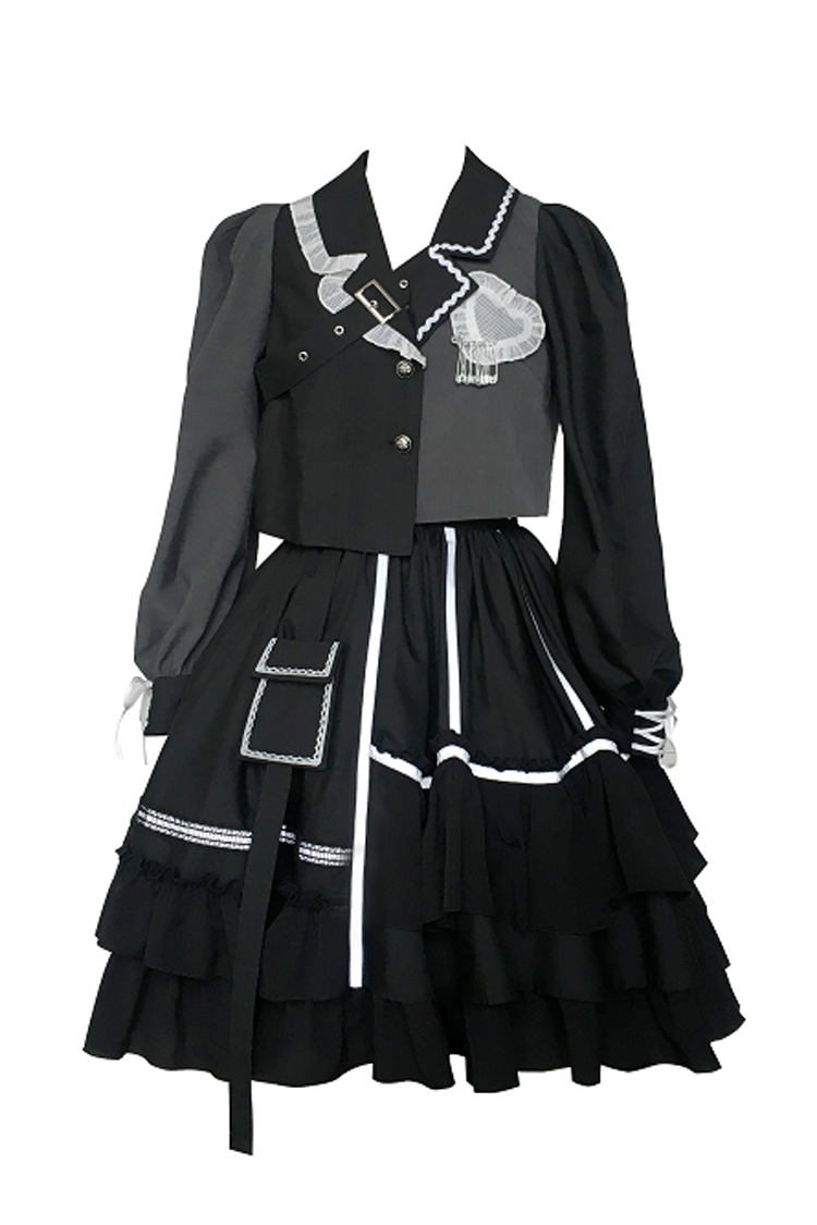 Black Night Talking Reflective Strip Long Sleeves Ruffle Pleated Gothic Lolita Dress Set