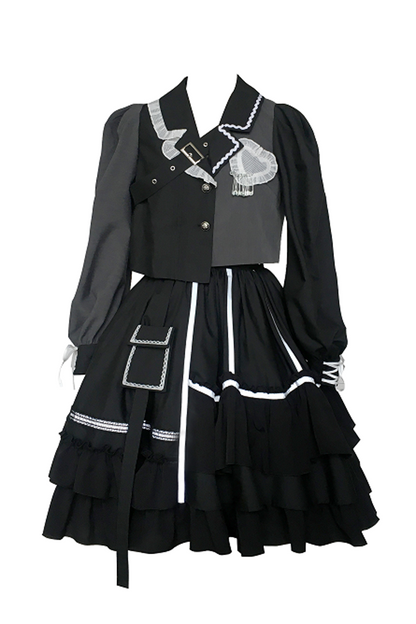 Black Night Talking Reflective Strip Long Sleeves Ruffle Pleated Gothic Lolita Dress Set