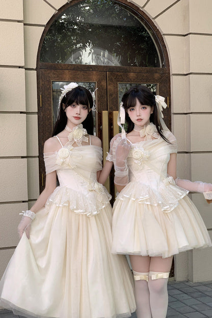 Beige [Sanglin’s Tribute] Off Shoulder Ruffled Sweet Lolita Dress