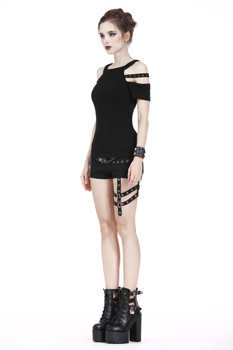 Black Off Shoulder Straps Short Sleeves Cut-Out Women's T-Shirt