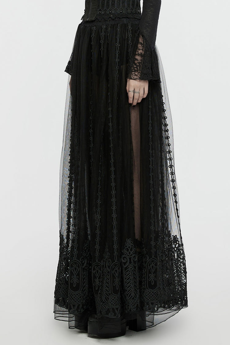 Black Floral Embroidery Mesh Women's Gothic Skirt