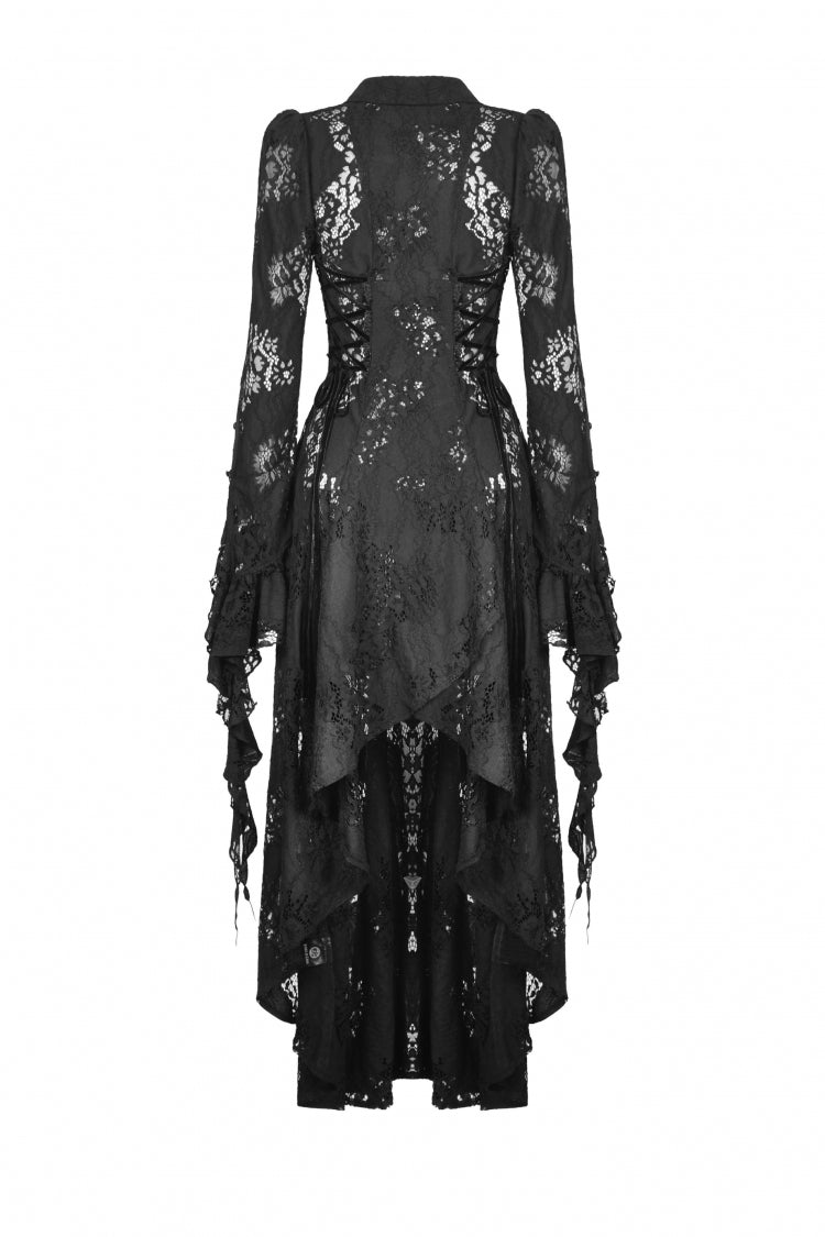 Black Lapel Collar Long Sleeves Ruffled Irregular Lace Lace-Up Women's Gothic Jacket Dress