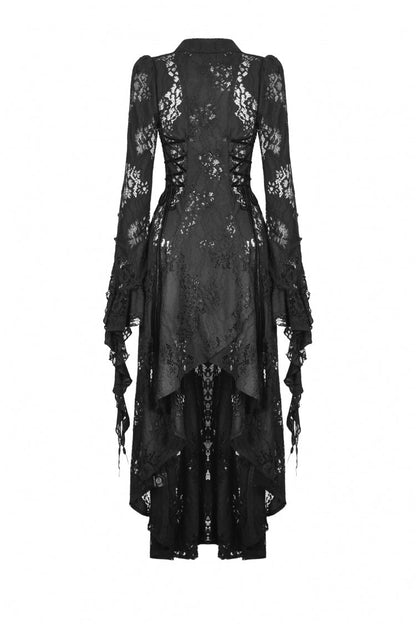 Black Lapel Collar Long Sleeves Ruffled Irregular Lace Lace-Up Women's Gothic Jacket Dress