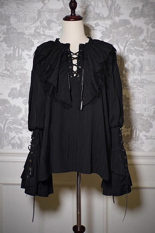 Black Pirate Series Navigation Treasure Hunting Guide V Collar Long Hime Sleeves Ouji Lolita Blouse