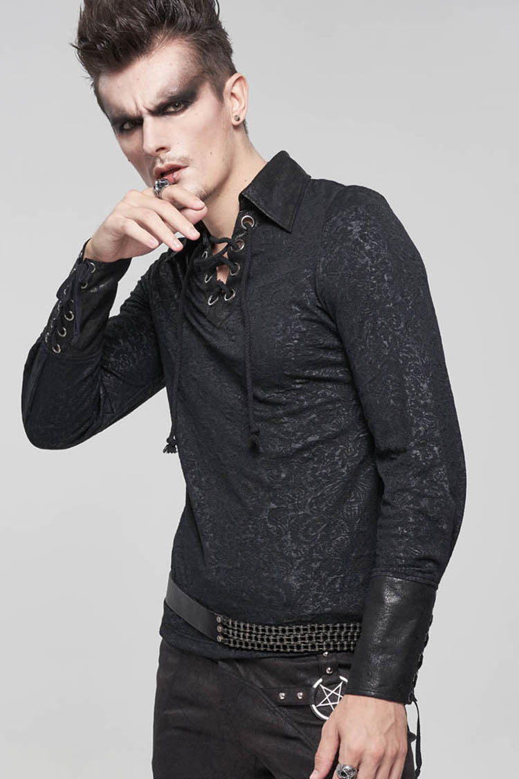 Black Gothic Pattern Decoration Tie Rope Design Knitted Elasticity Pullover Men's Shirt