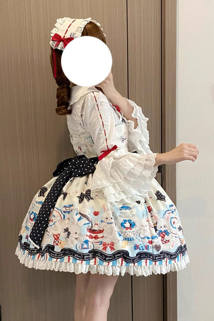 Beige [Mystery Rabbit Tea Party] Sleeveless Print Ruffle Bowknot Lace Sweet Lolita Jsk Dress