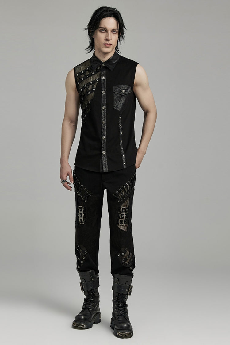 Black Hollow Stitching Lace-Up Mesh Men's Punk Vest