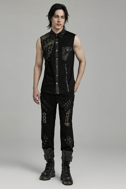 Black Hollow Stitching Lace-Up Mesh Men's Punk Vest