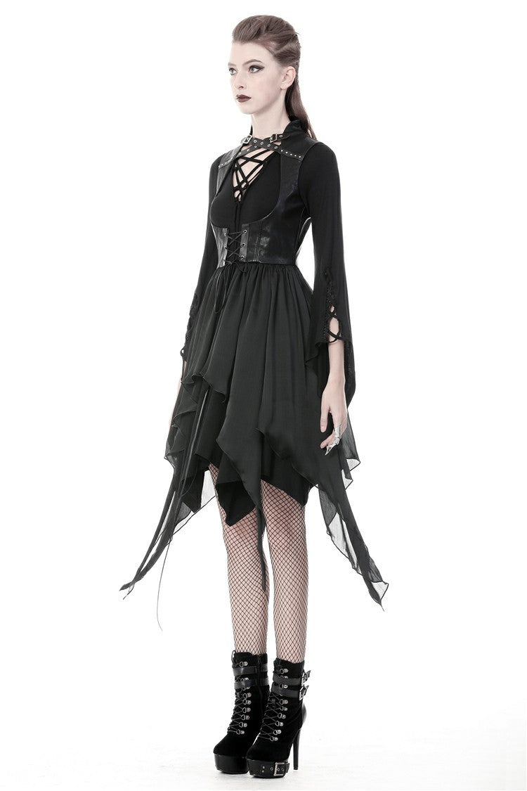 Black Chiffon Sleeveless Cut-Out Chest Irregular Hem Lace-Up Buckled Women's Punk Jacket
