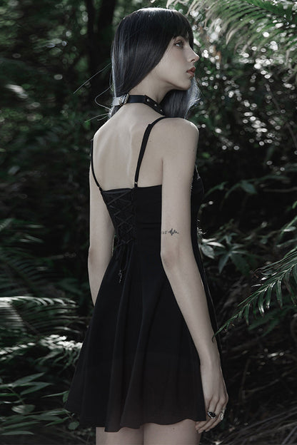 Black Bat Fleece Embroidered Sun Gothic Suspender Women's Dress