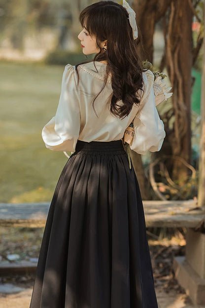 Black Lapel Collar Long Sleeves High Waisted Lace-Up Wave Hem Classic Lolita Two-Piece Skirt Set