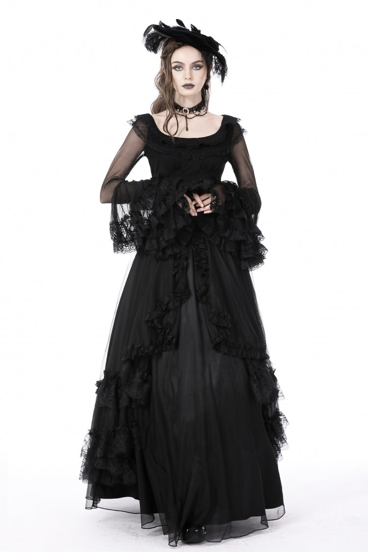 Black Multi-Layered Ruffled Lace Long Trumpet Sleeves Women's Gothic Princess Sexy Top
