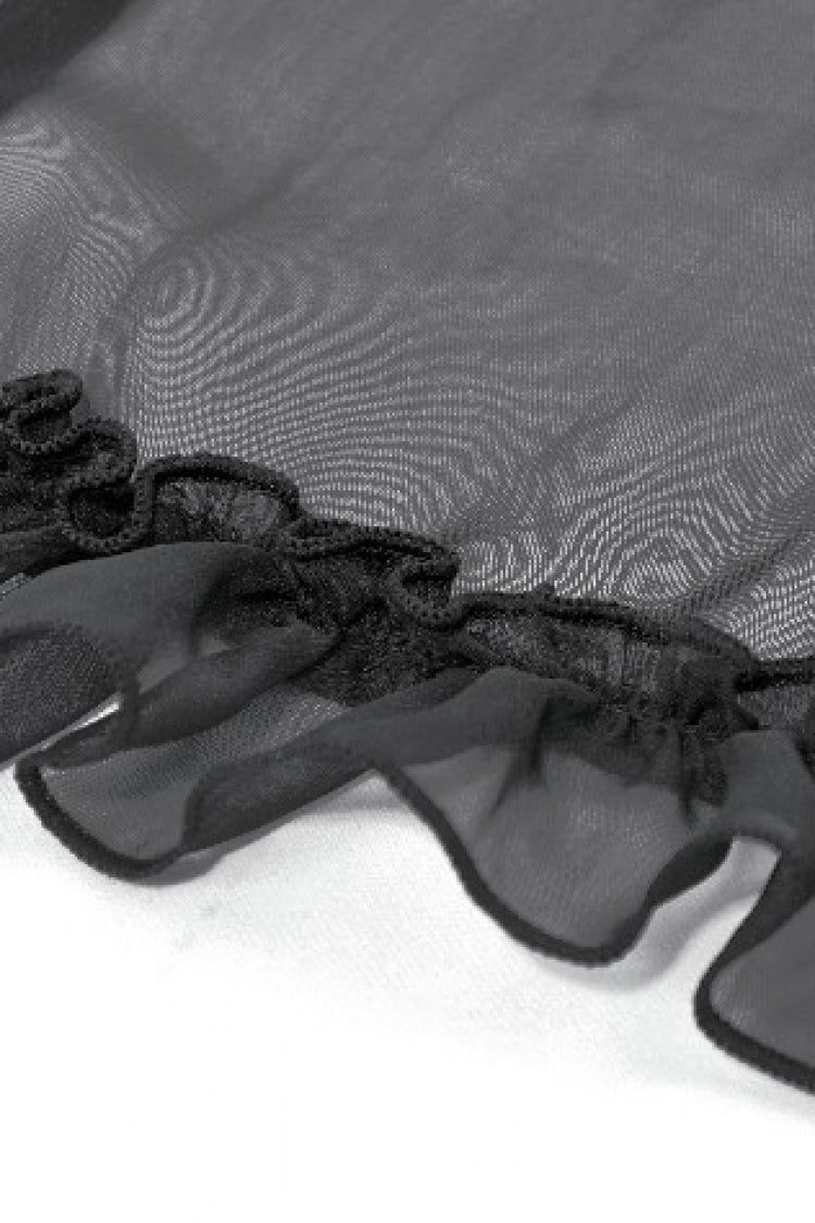 Black Multi-Layered Ruffled Lace Short Puff Sleeves Sheer Women's Courtly Gothic Blouse