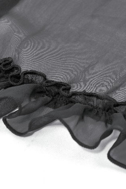 Black Multi-Layered Ruffled Lace Short Puff Sleeves Sheer Women's Courtly Gothic Blouse