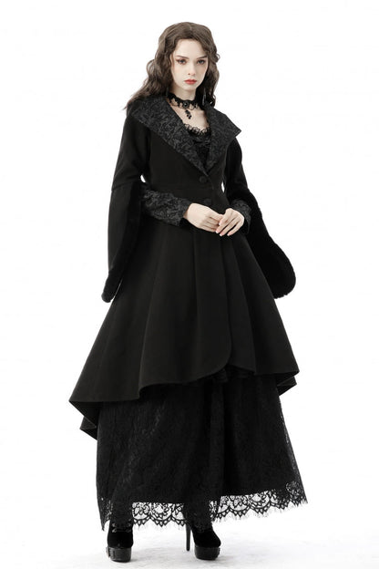 Black Lapel Collar Long Sleeves Women's Gothic High Low Woolen Dovetail Coat with Hood