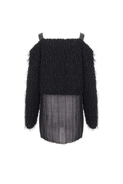 Black Irregular Off Shoulder Fluffy Women's Punk Sweater