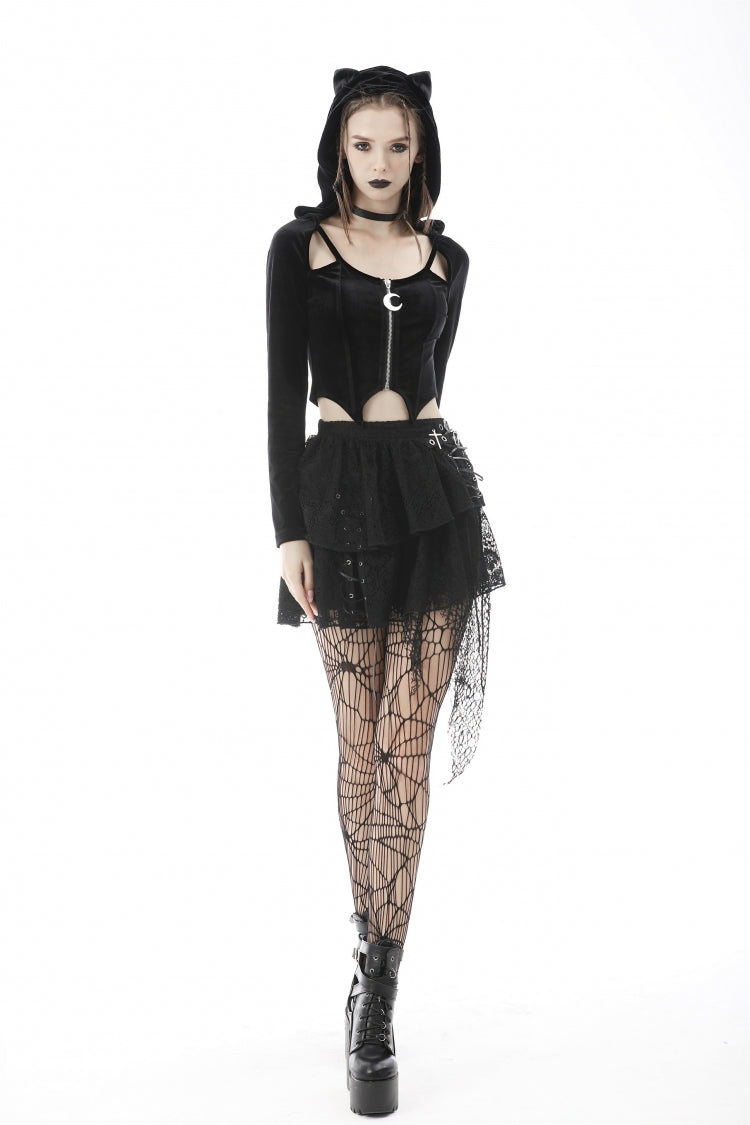 Black Long Sleeves Irregular Moon-shaped Zipper Women's Punk Crop Top with Cat's Ears Hood