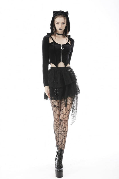 Black Long Sleeves Irregular Moon-shaped Zipper Women's Punk Crop Top with Cat's Ears Hood