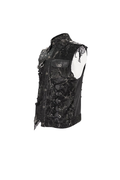 Black Loose Non-Stretch Tie-Dye Decadent Snatched Skull Sheep Head Decoration Men's Punk Vest