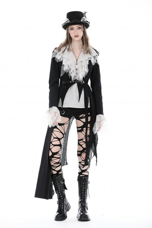 Black Peak Lapel Collar Long Sleeves Irregular Distressed Women's Gothic Punk Coat with Belt