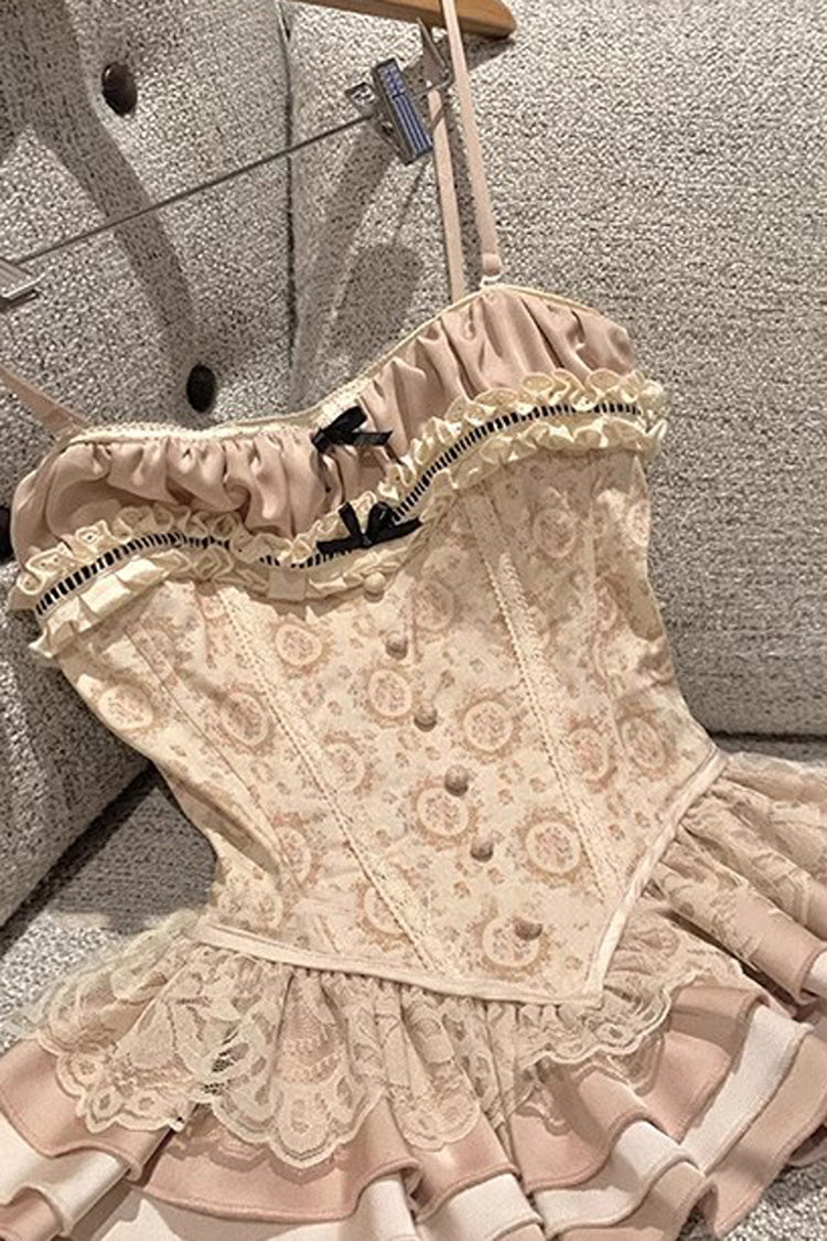 Apricot Multi-Layered Print Ruffle Embroidery Bowknot Sweet Vintage Lolita Skirt