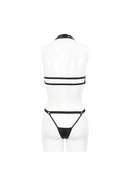 Black Detachable Hanging Neck Vertical Grain Texture Women's Punk Fun Suit