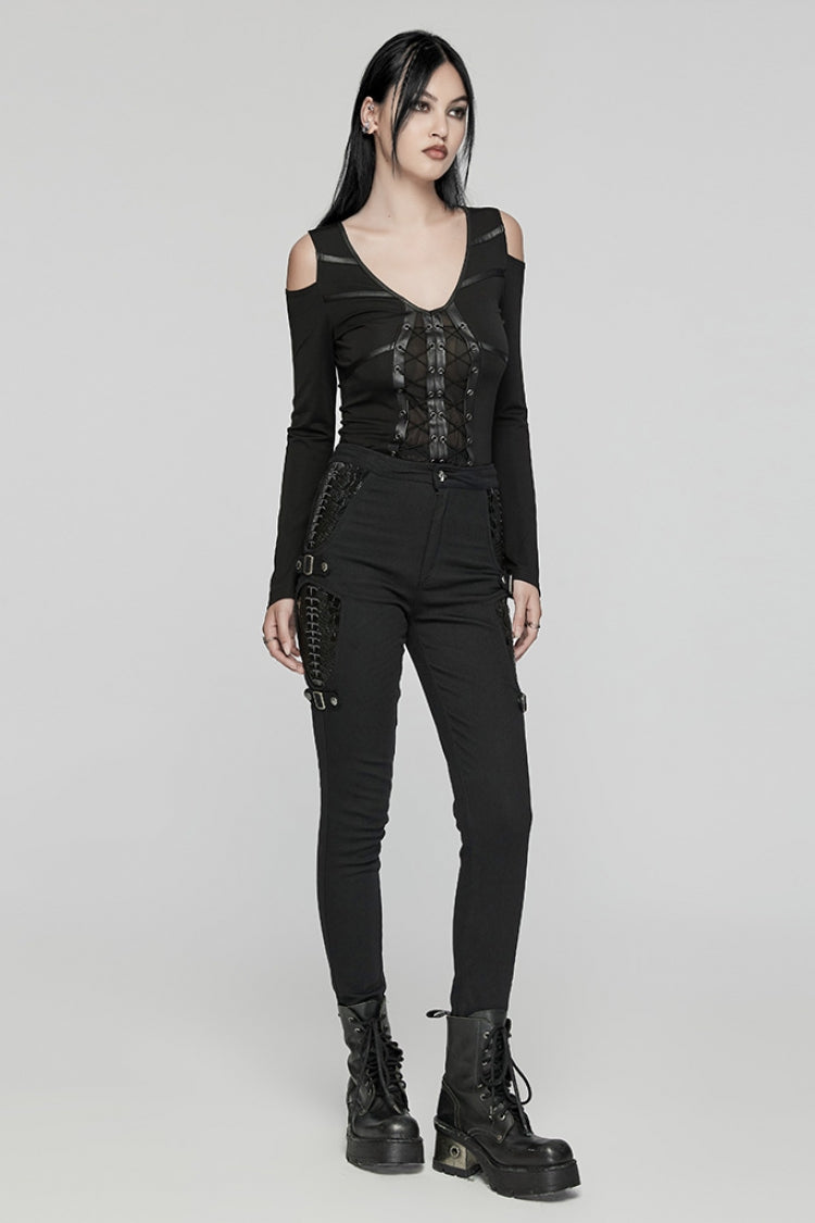 Black Patent Leather Stitching Women's Punk Pants