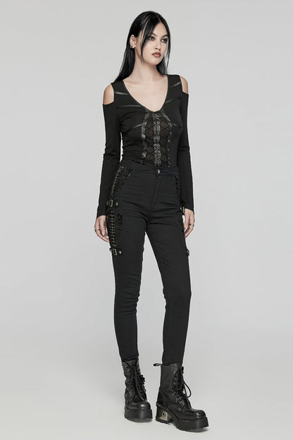 Black Patent Leather Stitching Women's Punk Pants