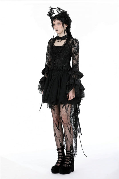 Black Multi-Layered Long Trumpet Sleeves Lace Lace-Up Women's Gothic Top