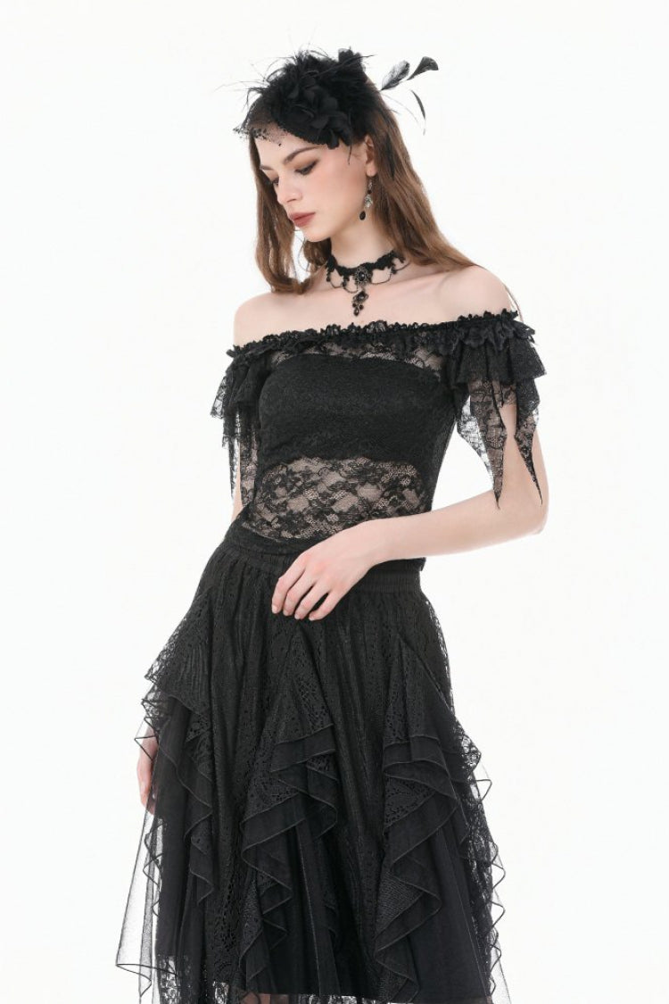 Black Off Shoulder Floral Sheer Lace Women's Gothic Top