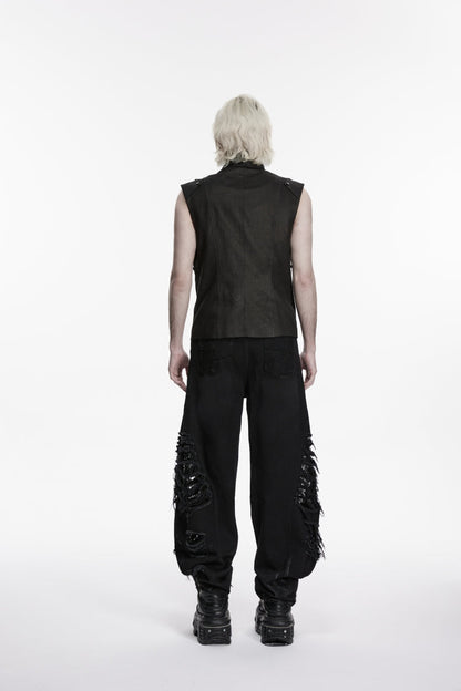 Black Irregular Mesh Ripped Studded Zippered Eyelet Men's Punk Handsome Cool Pants