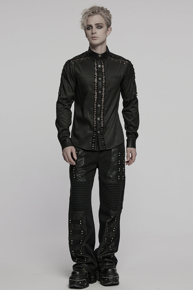 Black Lapel Collar Long Sleeves Stitching Mesh Men's Punk Blouse
