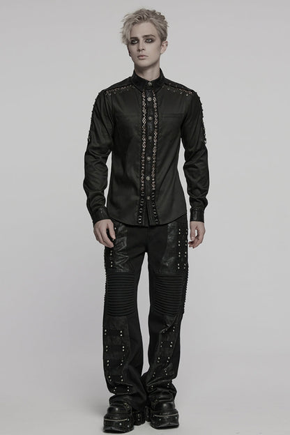 Black Lapel Collar Long Sleeves Stitching Mesh Men's Punk Blouse