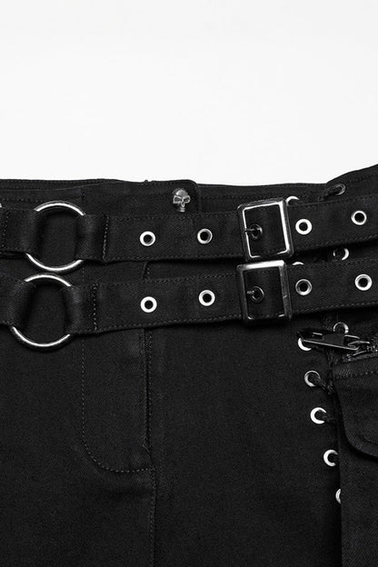 Black Lace-Up Women's Punk Denim Shorts with Detachable Pocket