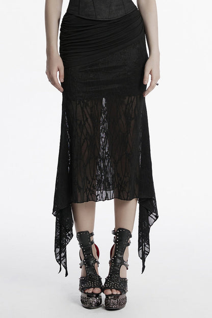 Black Irregular Mesh Ruched Women's Punk Fishtail Skirt