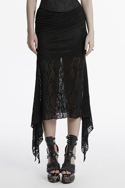 Black Irregular Mesh Ruched Women's Punk Fishtail Skirt