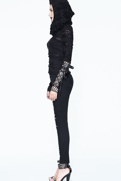 Black Hooded Ripped Finger Covered Splice Mesh Leather Loop Lace Up Women's Punk Shirt