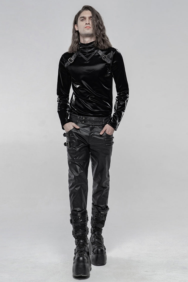 Black Faux Leather Metal Buckle Side Zipper Men's Steampunk Pants