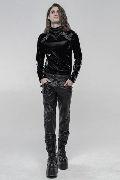 Black Faux Leather Metal Buckle Side Zipper Men's Steampunk Pants