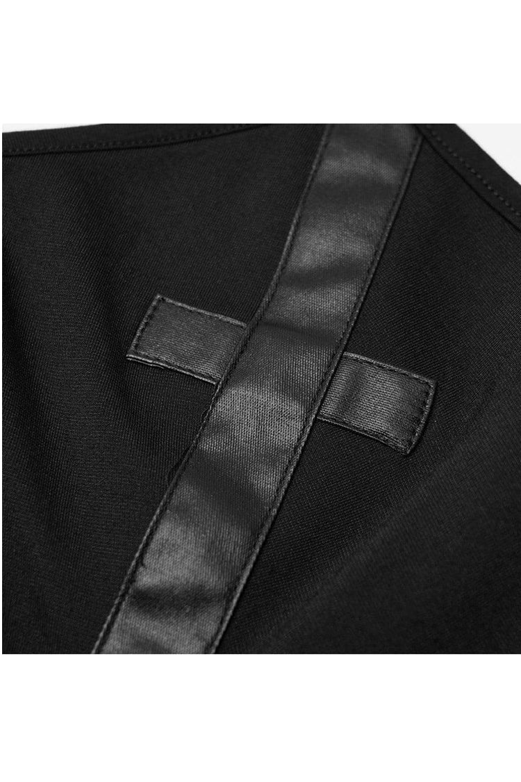 Black High Collar Long Sleeve Front Metal Ring Woven Tape Decoration Irregular Hem Women's Punk T-Shirt
