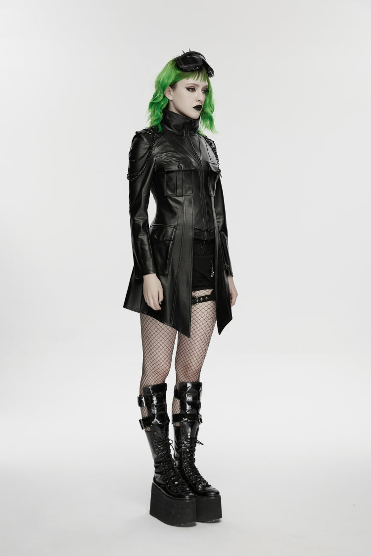 Black Lapel Collar Long Sleeves Lace-Up Slim Zippered Chain-Decorated Women's Punk Jacket