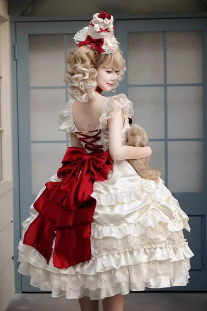 Apricot [Berry Endless] Square Collar Sleeveless Multi-Layered Ruffled Embroidered Bow Lace Sweet Lolita Jsk Dress