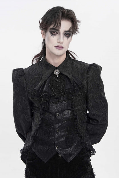 Black Lapel Collar Long Lantern Sleeves Jacquard Embroidered Lace Men's Gothic Palace Swallow-tailed Shirt with Necktie