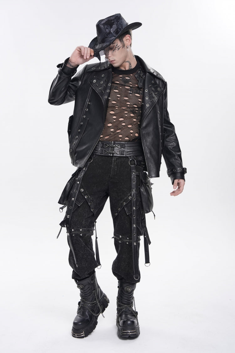 Black Lace-Up Studded Buckled Zippered Eyelet Men's Punk Cool Accessory with Pouches
