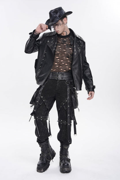 Black Lace-Up Studded Buckled Zippered Eyelet Men's Punk Cool Accessory with Pouches