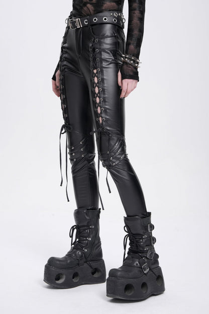 Black Lace-Up Ripped Rivet Women's Punk Pants
