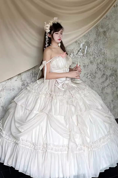 Apricot/Beige [Antique Bride] Sleeveless Multi-Layered Ruffled Bow Lace Sweet Elegant Gorgeous Full Skirt Lolita Jsk Dress