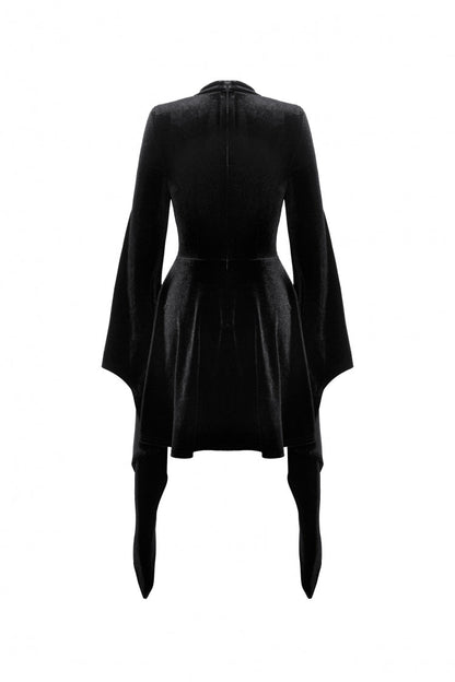 Black Long Trumpet Sleeves Spliced Lace-Up Spider Mesh Women's Gothic Velvet Wedding Dress