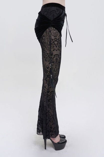 Black Flocking Mesh Side Hanging Feather Pendant Fake Two-Piece Long Women's Gothic Flared Pants